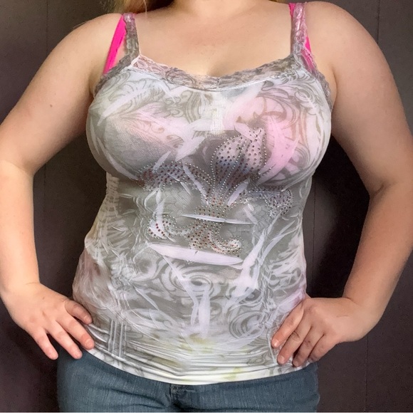 Vintage Y2K Rhinestone Fleur-de-Lis Lace Trim Tank – Best for Small/Medium - Picture 5 of 5
